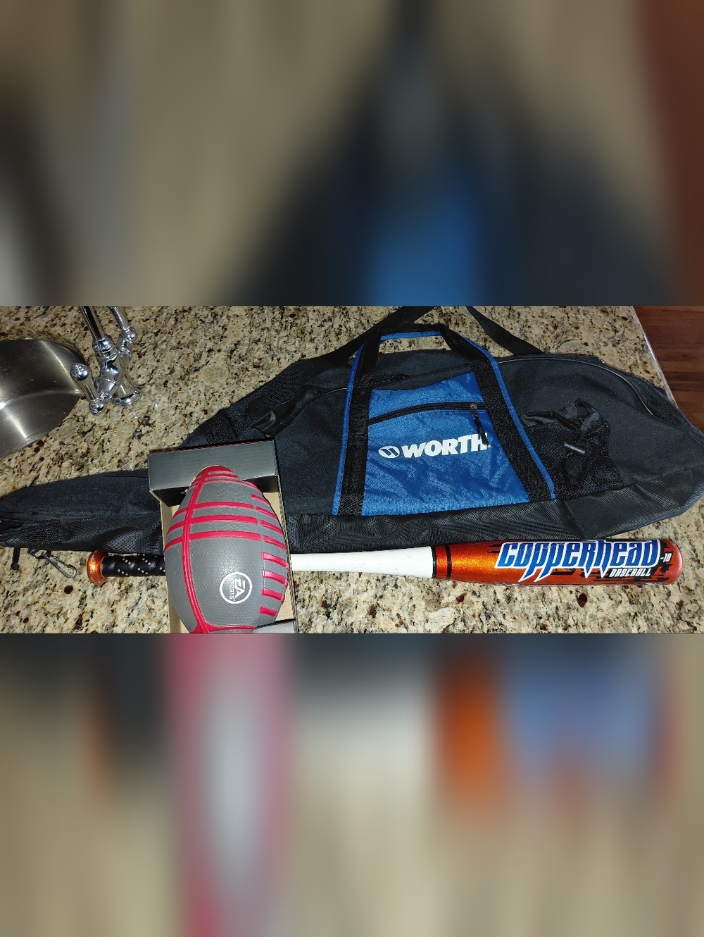 WORTH duffle bag, COPPERHEAD bat, plus new boxed  football, plus Thermos